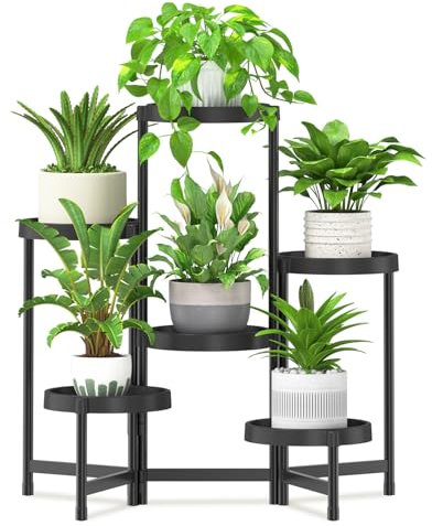 iDavosic.ly Pflanzenständer Metall Kunststoffe mit 6 Ebenen, Blumenständer Plant Stand Indoor Outdoor, Pflanzenregal Blumenregal Mehrstöckig für Draußen Balkon Wohnzimmer Terrasse, (Schwarz)