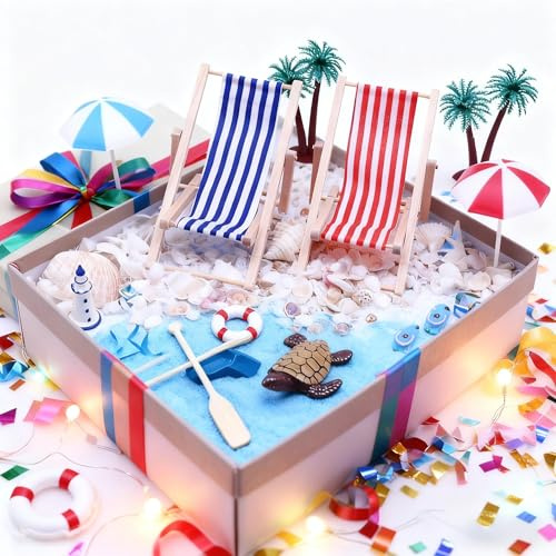 18 Stück Strand-Mikrolandschaft, Miniliegestuhl Strandkorb Sonnenschirm Kleine Palme Deko Accessoires, Mini-Stranddekorationen Miniatur Dekoration, für DIY Zen Garten Dekoration Einzigartiges Geschenk