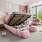 PUGSDRLY Lit Coffre Lapin avec LED Réglable,2 Bancs de Rangement,Tête Réglable,Lit Double 140x200 cm avec Rangement,Sommier à Lattes,pour Adolescents,Enfant,Velours (Rose, 140x200cm)