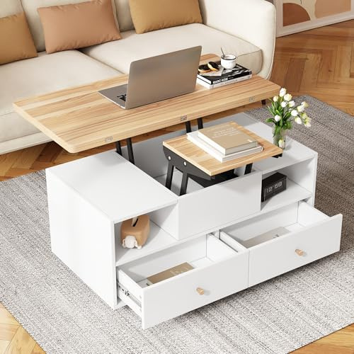 Höhenverstellbarer Couchtisch mit Klappfunktion und 4 Schubladen, EIN großer und EIN Kleiner Hydraulik-Hubtisch, beweglicher Wohnzimmertisch mit Universalrollen, Sofatisch
