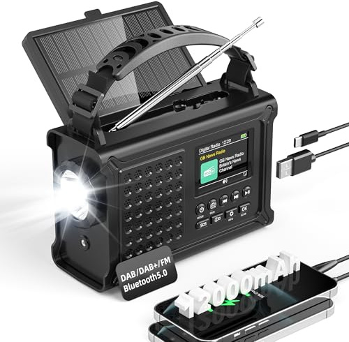 Roxicosly DAB/FM Solar Wind Up Emergency Radio with 2.4 Colour Display | Bluetooth, 12000mAh Battery, 8500mm² Solar Panel, 650mA Hand Crank, Dual USB Chargers, 5W Torch & Reading Lamp, Dual Alarms