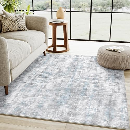 PureCozy Grau Blau Teppich Wohnzimmer 120x170cm Waschbar Kurzflor | Waschbar Boho Teppich,Rutschfest, Weich, Kurzflorig, für Wohnzimmerteppich,Schlafzimmer,Esszimmer,Büro,Kinderzimmer