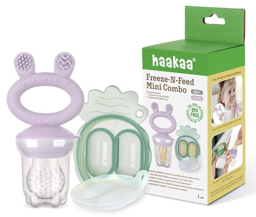 Haakaa Freeze-N-Feed Mini Combo with Silicone Food Feeder & Silicone Mini Nibble Tray|Baby Solid Food Self Feeder|Breastmilk Popsicle Mold Storage & Feeder for Soothing Baby Gums 1 PK (Lavender)