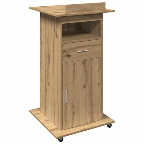Qnhdfrt Rednerpult mit Ablagefächern, Rollbares Büropodium in Artisan-Eiche, Aktenregal mit Tür und Schublade, Stabiles Holzwerkstoff-Stehpult für Büro & Home-Office, 55 x 55 x 107 cm