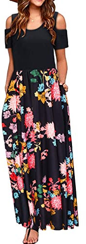 STYLEWORD Women's Summer Cold Shoulder Short Sleeve Maxi Dress Floral Print Elegant Long Dress with Pockets(Floral08,L)