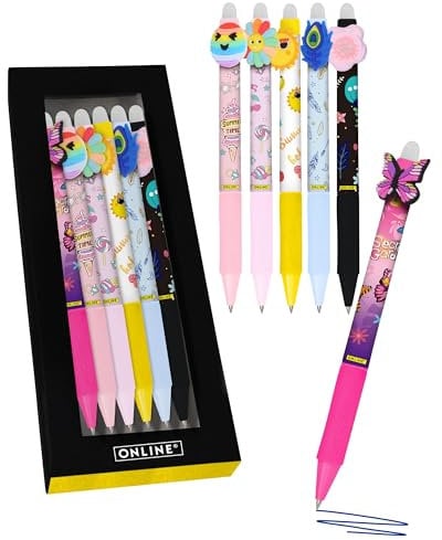 Online magiXX, 6x Radierstift Fun Happy I Gelschreiber blau radierbar mit 0,7mm Strichstärke I Tintenroller zum Schreibenlernen, Büro I kompatibel mit Frixion Mine I Radierbarer Kugelschreiber