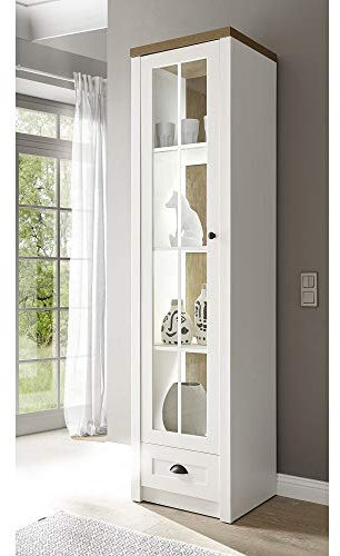 Lomadox Vitrine im Landhausstil in Pinie weiß und Eiche hell, inkl. LED-Rückwandbeleuchtung