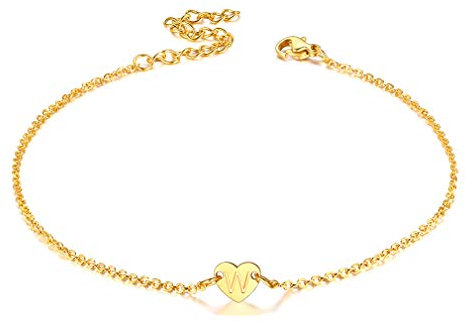 Bracelet de Cheville Plaqué Or pour Femme,Chaîne de Pied avec Charme Coeur Gravé Lettre W en Acier Inoxydable 316L Tendance pour Plage Dorée Chaîne de Cheville Ajustable 22 à 27cm Pour Femme et Fille