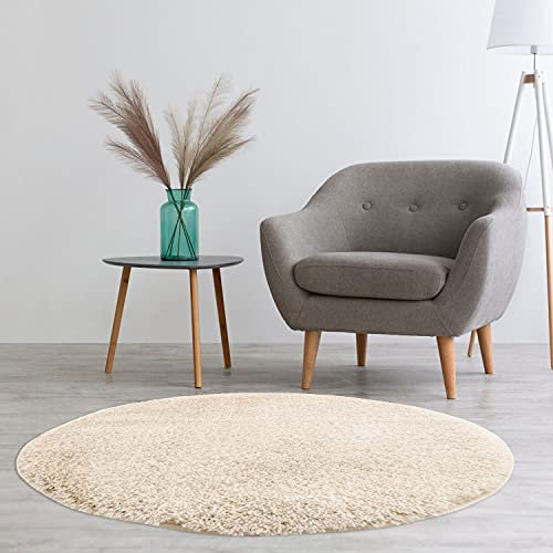 carpet city Hochflor Teppich Wohnzimmer - Einfarbig Creme - 160x160 cm Rund - Shaggyteppich Langflor Uni - Schlafzimmerteppich Flauschig Weich - Moderne Wohnzimmerteppiche