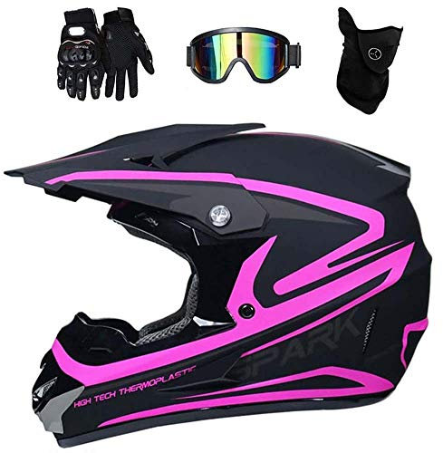 WEITY Fullface Motocross Helm Set mit Brille Handschuhe Maske, Motorrad Crosshelm Pocket Bike Helm Kinder Erwachsener Motorradhelm für MTB Enduro ATV Downhill Sicherheit Schutz, Schwarz und Pink (L)