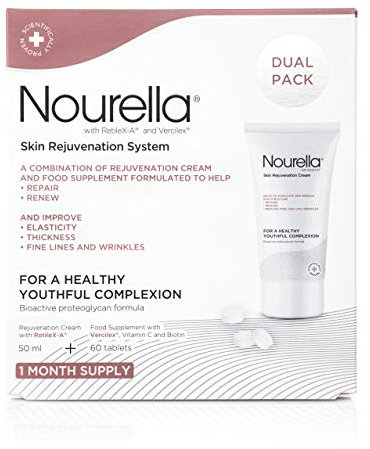 Nourella Skin Rejuvenation System Dual Pack containing 60 tablets food supplement with Vercilex, silica, Vitamin C and biotin and Skin Rejuvenation Cream with RetileX-A to support collagen activity