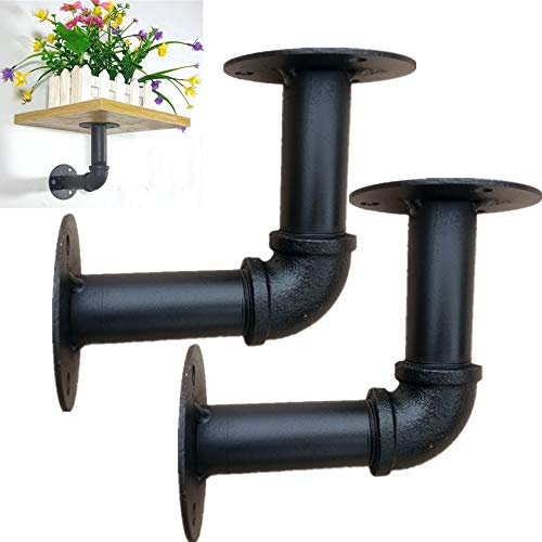 2 Pièces Equerre Etagere Mural,Support Étagère Rétro en Métal,Fer Forgé,Support Tablette Mural Style Industriel,Équerre pour Étagère Flottante,Diamètre du tuyau 2cm,Noir(13x15cm)