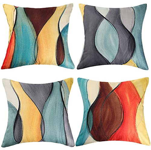 ETOLISHOP Kissenbezüge 40 x 40 4er Set Bunte Kissen Baumwoll Leinen Kunst Kissenbezug Gelbes Wohnzimmer Sofa Blau Kissen 16 x 16 Zoll