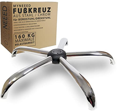 MYNEEED Bürostuhl Fußkreuz aus Stahl in Chrom, Hohe Belastbarkeit, Drehkreuz fuß für Bürostuhl, Geeignet für 11mm x 22mm Rollen und 50mm Gasfeder, Gaming Stuhl Ersatzteil