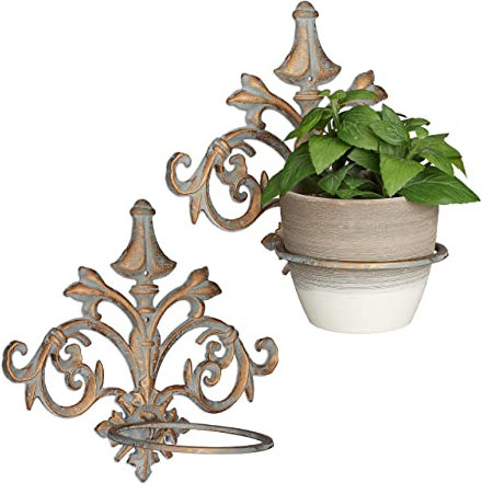 Relaxdays 2X Portavasi da Parete in Ghisa, Barocco, da Appendere, per Il Giardino, Ø 13,5 cm, da Esterno, Oro-Grigio