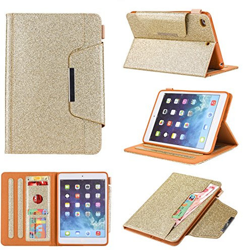 RuiRdot iPad Mini 3 Protective Case, Glitter PU Leather Smart Magnetic Flip Case Folio Stand Cover with Card Slots/Pen Holder Compatible with 7.9 inch iPad Mini 1/Mini 2/Mini 3/Mini 4/Mini 5 (Gold)