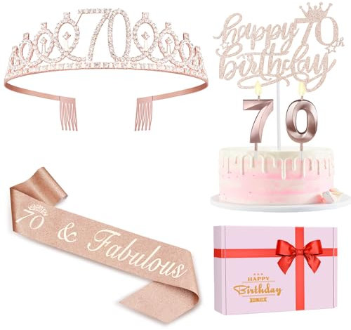 70th Birthday Decorations for Women, 70th Birthday Sash, Crown/Tiara, Candles, Cake Toppers. 70th Birthday Gifts for Women, 70th Birthday Decorations Gifts Idea
