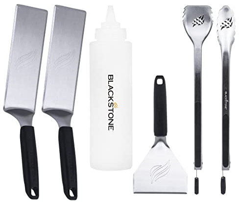 Blackstone 5464 Grill-Werkzeug-Set, für den Innen- und Außenbereich, Grillutensilien, Kochzubehör, hitzebeständig, 2 lange Spatel, 2 abgewinkelte Schaber, klassische Zange, 1 (907.2 g) Quetschflasche,