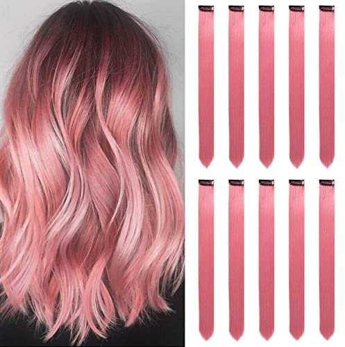 Farbige Haarverlängerungen Clip In Für Mädchen 22 Zoll Bunte Gerade Haarverlängerungen Für Party Highlights Haar Zubehör Haarteile Für Kinder Frauen(10 PCS Prinzessinrosa)