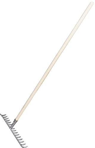 Garten Gerät Harke Rasen Boden Erde Rechen 16 Zinken Stahl Silber Gartenrechen 40,5 cm mit Holz Stiel