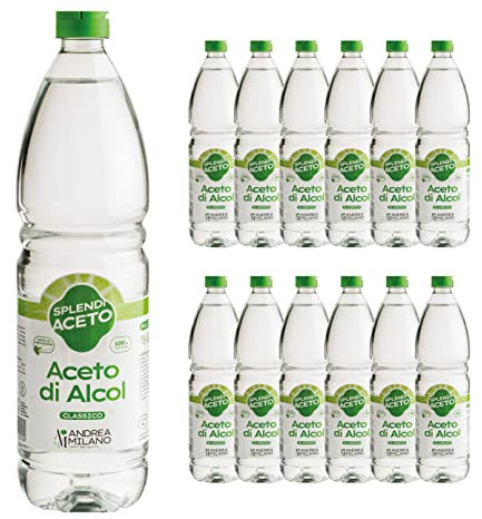 Andrea Milano, Splendi Aceto, Aceto di Alcool 100% Naturale, Acidità 6%, Soluzione Versatile per Qualsiasi Impiego, Multiuso, Ideale per la Pulizia di Tutta la Casa, 12 Bottiglie PET da 1 L