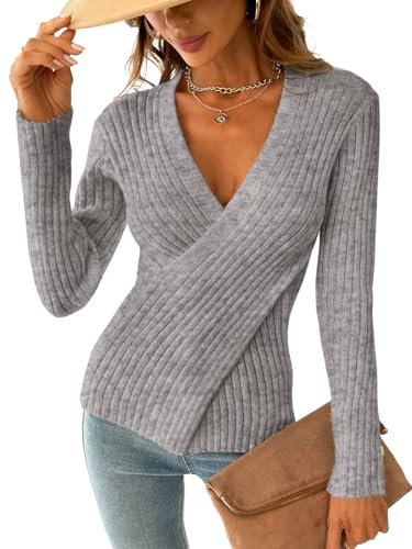 Cupshe Pull sexy à col en V et manches longues en tricot torsadé pour femme - Gris - Taille M, gris, Taille M