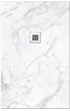 Marble Effect Shower Tray Anti Slip, Anti-Bacterial Luxury Bathroom Stone Resin Design, 1400mm x 800mm – White