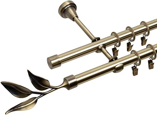 RENA Gardinenstange 19/19 mm Vorhangstange 2-läufig| Metall Elegante klassische Gardinenstange mit geräuscharmen Rollen | Inklusive Montagezubehörset | Antik Gold 200cm |Bawaro