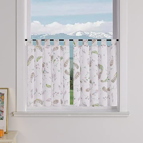 Delien 2er Set Scheibengardinen Blickdicht Bistrogardine Modern mit bunten Mustern »Feder« Küchengardinen Landhaus Dekoschals Kurz Fenstergardinen mit Schlaufen BxH 120x45cm,Weiß