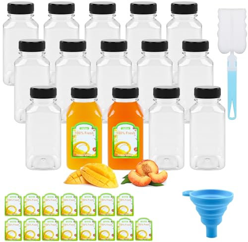 CoKeeSun 15 Pcs Juice Bottles with Lids 8oz/250ml, Reusable Plastic Bottles Set, Drink Containers with Funnel, Brushes and Stickers for Home Storing Juices, Smoothie Drinks, Mini Fridge (Black)
