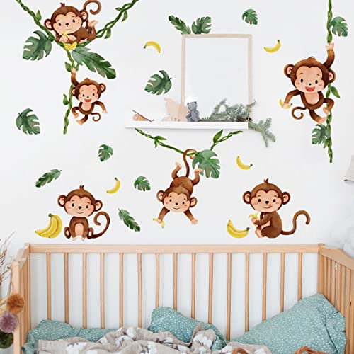 Runtoo Wandtattoo Affen Dschungel Wandsticker Hängende Pflanzen Palmen Blätter Wandaufkleber Kinderzimmer Babyzimmer Mädchen Junge Wanddeko