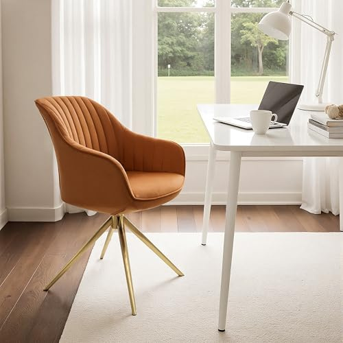 Zouron Chaise de Salle à Manger (avec accoudoirs et Coussin d'assise épais), Fauteuil de Bureau pivotant (360°), Fauteuil de Salon (Ergonomique),1PC,Orange(Velours+Pieds en métal