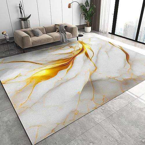 TEMLAN Weiße Und Goldene Marmorstruktur Teppiche Gegend, Abstrakte Flüssige Kunst Schlafzimmer Kurzflor für Wohnzimmer, Schlafzimmer, Esszimmer Badezimmer Küche Flur Läufer 140 x 200cm