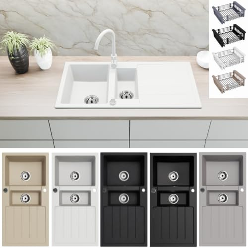 Faizee Home | Granitspüle 100x50 cm Weiß – Beidseitig montierbar & kratzfest | Inkl. Spülkorb & Siphon-Set | Hochwertige Küchenspüle aus Granit für moderne Küchen