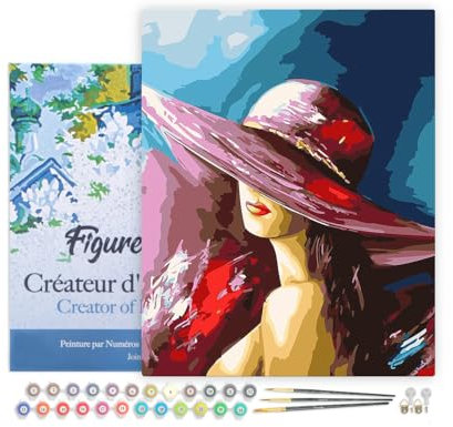 Figured'Art Peinture par Numéro Adulte avec Cadre Femme séduisante au chapeau - Activité Manuelle Kit de Loisir Créatif DIY Numéro d'Art Complet - 40x50cm toile tendue sur châssis