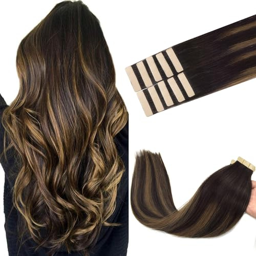 GOO GOO Tape Extensions Echthaar, 40cm 25g 10 Stk., #2/6/2 Balayage Braun | Dunkelbraun Gemischt Kastanienbraun, Remy Echthaar, Seidig Weich, Verfilzungsfrei, Unsichtbare, Langlebig, Alltag, Feiern
