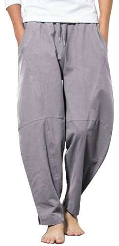 COOFANDY Strandhose Herren Lang Leinen Haremshose Herren Jogginghose Freizeithosen Sommer Hose Lang Regular fit Grau L