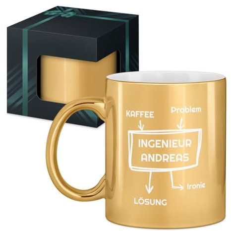 Maverton Keramik Kaffeetasse 330ml mit Gravur - Kaffeebecher mit funktionellem Henkel - personalisierter Keramikbecher für Männer zum Geburtstag zu Weihnachten - gold glänzend - Innen weiß - Schema