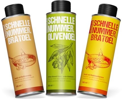 HENSSLERS® Ölrounder Bratöl 3er Set [VEGAN]- Bratöl auf Rapsbasis mit Butternote und Knoblaucharoma, Olivenöl für warme & kalte Speisen - Speiseöl zum braten - Öl Geschenkset für Hobbyköche - 3x 500ml