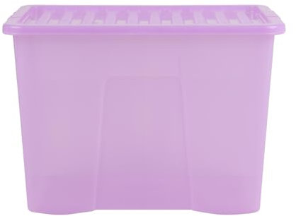 Wham Crystal 80 Liter Storage, Heavy Duty Plastic Storage Box With Lids Home Office Stackable Nestable, Large Storage Boxes With Lids 60 x 40 x 42 cm - Tint Lilac (Pack of 4)