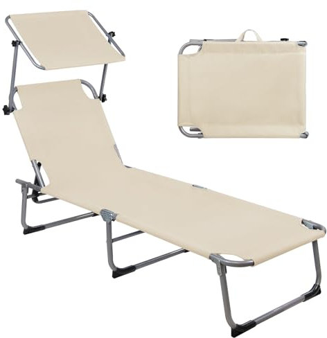 Montafox Sonnenliege 195 x 59 x 32 cm Strand Liege Tragbar max.150 kg Sonnendach Verstellbarer Rückenlehne Garten Pool Terrasse Klappbarer Liegestuhl, Farbe:beige