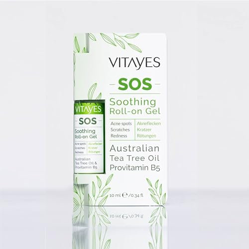 Vitayes SOS Huile d'arbre à thé, vitamine B5, contre les taches d'acné, les rayures, les inflammations de la peau, roll-on apaisante, les boutons, les peaux impures, végétalien, réparateur, contre les
