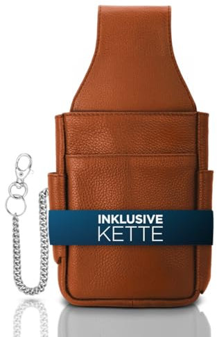 FLEXIBILITE®Kellnertasche Echt Leder | Gastronomie Zubehör | Kellnerholster [Neues Konzept 2026] | Bedienungstasche EXTRA 47cm Stahlkette | Holster Tasche (15 x 23 cm B x H) | Cognac