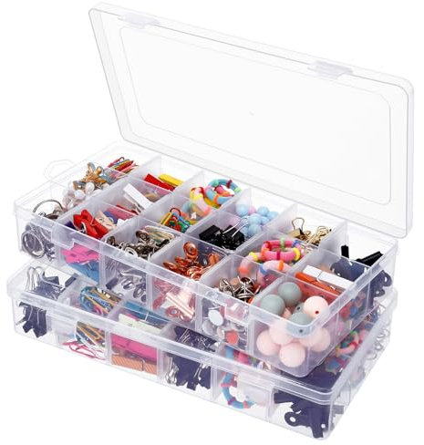 Meng Jiaran 2Pcs Plastic Stackable Organizer Container with Adjustable Dividers, Plastic Storage Box with 18 Removable Grids Compartments for Craft, Beads, Jewelry, Small Parts, Tackle