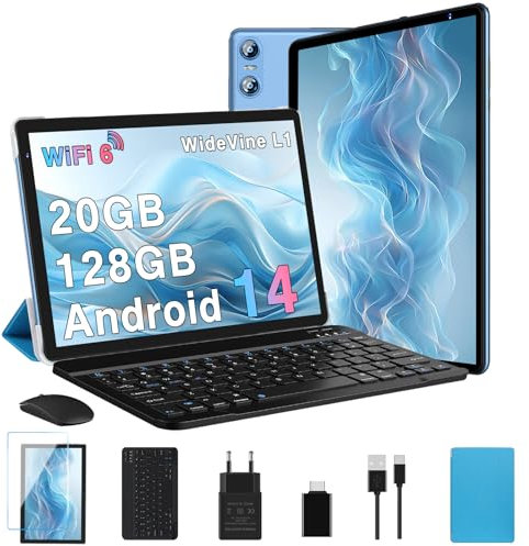 Biegedy Tablette 10 Pouces Android 14 Tablettes 20Go RAM + 128Go ROM(TF Extensible 2To), Octa-Core, GMS Tablette Tactile, Widevine L1, WiFi 6, 5G+2.4G Wi-FI, Tablettes avec Clavier+Souris et Cas-Bleu