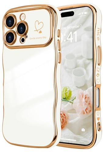 LCHULLE for iPhone 16 Pro Max Case Cute for Women Girls Wavy, White | Luxury Plating Curly Wave Shape Frame with Love Heart Pattern, Raised Camera Protection Back Cover Shockproof Phone Case