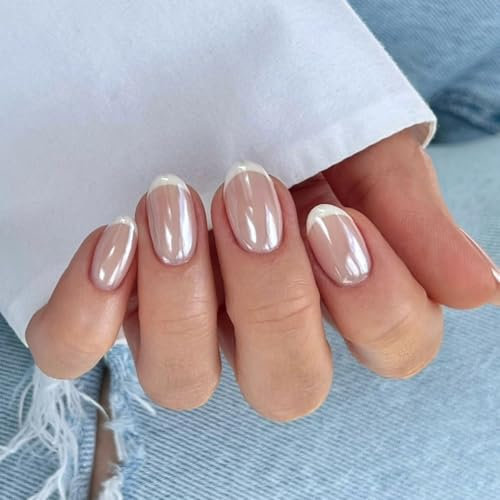MouyouGlow Press on Nails Kurz,Oval Nude Dunkel Base Glazed Donut Weiß French Hailey Bieber Fake Nails mit Nagelkleber,White French Chrome Künstliche Fingernägel