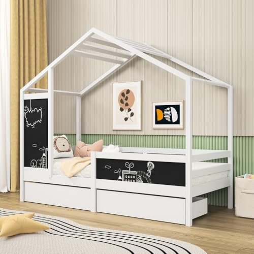 PRTECY 90 x 200 cm Vollbett mit 2 Schubladen, Holzhaus-Bettgestell mit Tafel, weiß lackiert, Kinderbettgestell für Wohnzimmer, Schlafzimmer