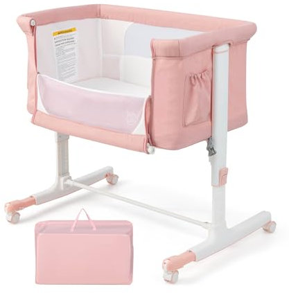 GOPLUS Berceau Bébé 3 en 1, Lit Cododo Portable avec Mode Berceau, Matelas Amovible, Hauteur Réglable, Poches de Rangement et Roues Verrouillables, Lit de Voyage pour Nouveau-né (Rose)