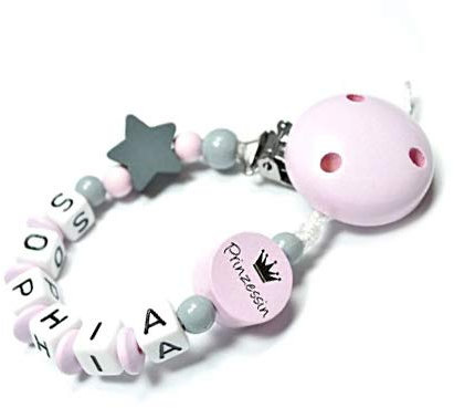 Personalisierte Baby Schnullerkette mit Namen – Verschiedene Modelle für Jungen und Mädchen, Perfektes Geschenk für Babys (rosa, Stern, Prinzessin)